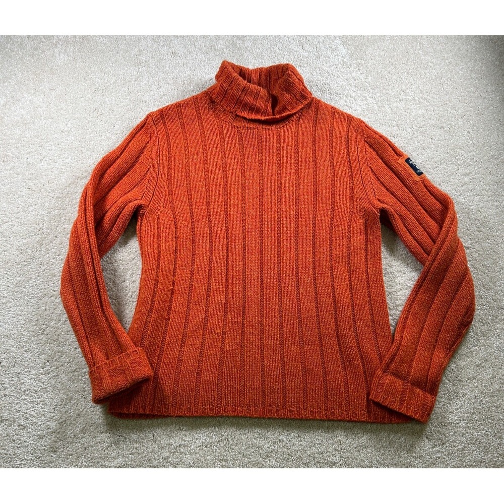 Abercrombie & Fitch S Lambs Wool Orange Turtle Sweater Logo Cable Knit Fisherman